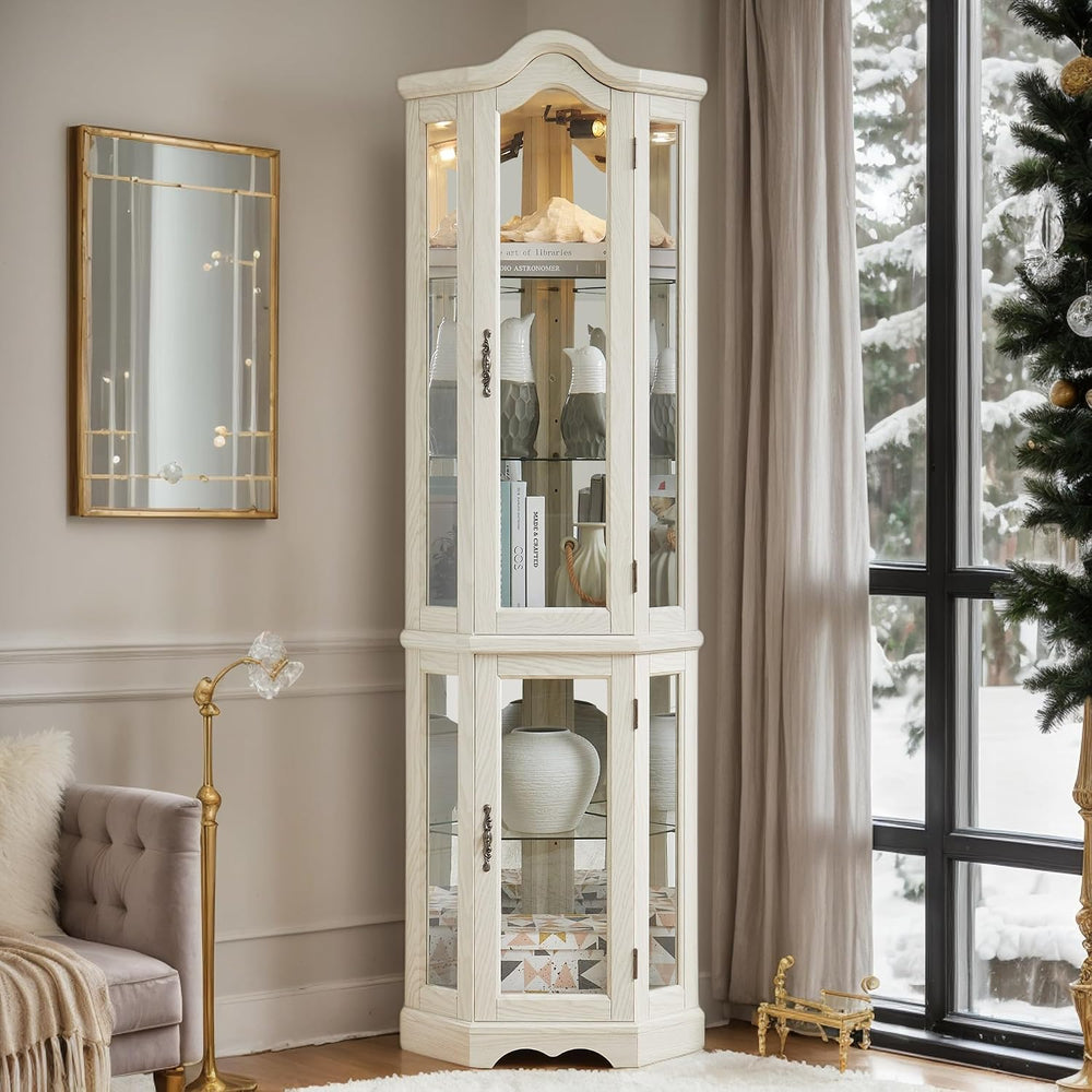 Corner Curio Cabinet, 70.5" Lighted Glass Display Case with 5 Adjustable...
