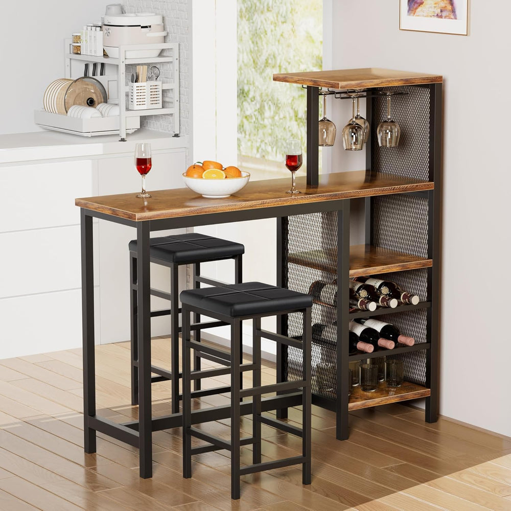 VECELO Bar Table and Chairs Set for 2, 3-Piece Dining Set with Storage Shelve...