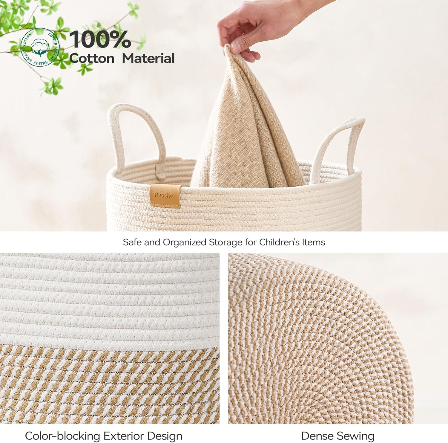 Laundry Hamper 95L,Large Laundry Basket for Clothes,Decorative Storage Basket for Blankets,Cotton Rope Woven basket for bedroom,Brown White