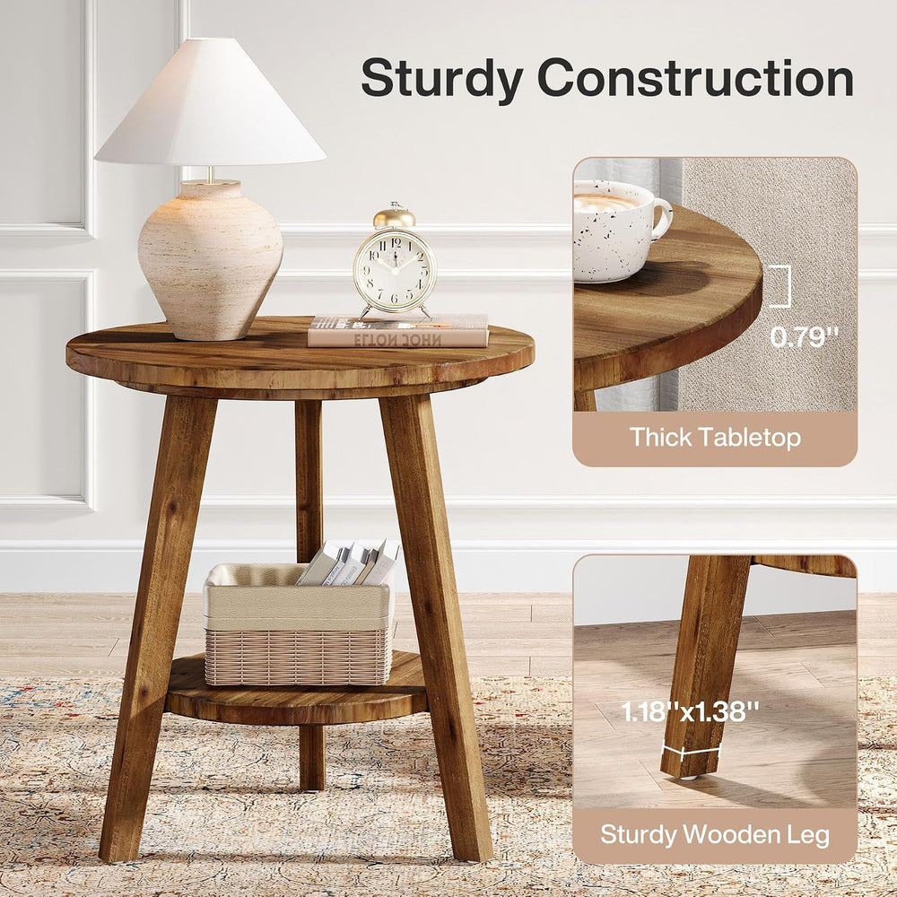 Solid Wood Round End Table, Sofa Side Table with Storage Shelf, Farmhouse Nig...