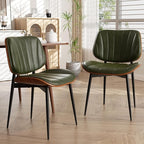 Dining Chairs Set of 2, Mid Century Modern Dining Room Chair, Upholstered Faux Leather Kitchen Chairs with Walnut Bentwood Back and Metal Legs for Kitchen Dining Living Room, Green