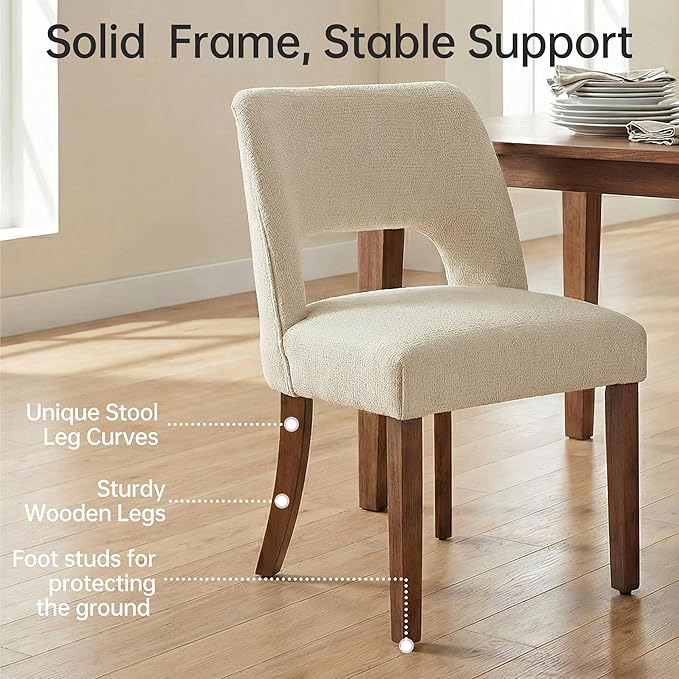 keoni Wooden Dining Chairs Set of 4, Mid Century Modern Upholstered Dining Room Chairs with Rubberwood Legs, Fabric Farmhouse Kitchen Chairs with Foot Pegs for Dining Room, Cream