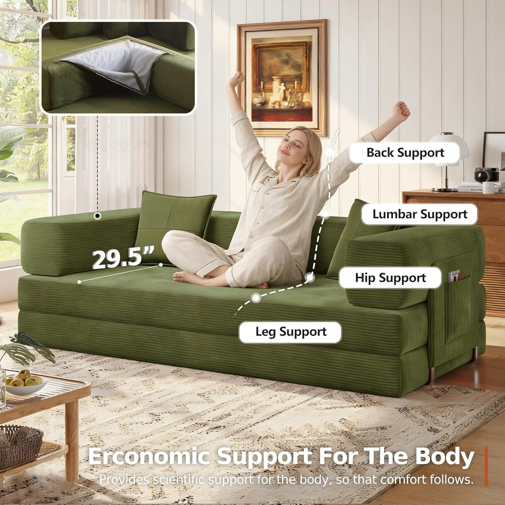 MoonSpeak 78.8''Sleeper Couch Bed for Livingroom,Convertible Modular Sofa with Armrest Pillow,Modular Foldable Corduroy Couches in a Box,No Assembly (Green)