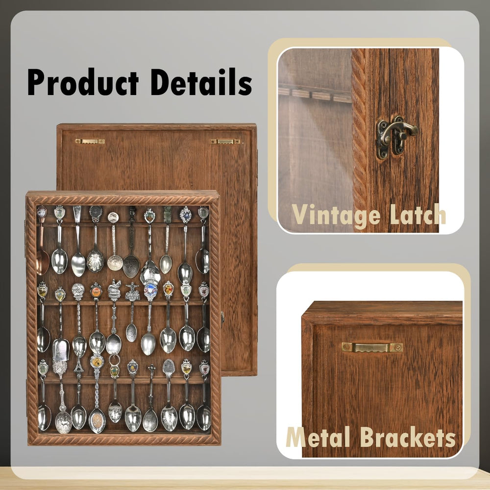 Ikee Design Wooden 30-Souvenir Spoon Display Case Cabinet, Wall-Mounted Tea S...