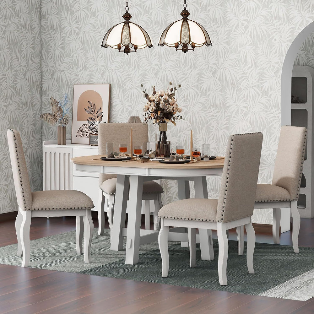 Knocbel Farmhouse 4-Person Extendable Dining Table Set, 5-Piece Dinette Set w...