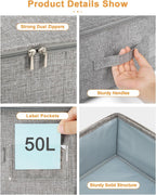 punemi Under Bed Storage, 3 Pack Underbed Storage Container Bags With Lid, Foldable Sturdy Clothes Storage Drawer Organizer W/ 3 Handles, Ultra Thick Fabric Blanket Shoe Storage Box, Grey