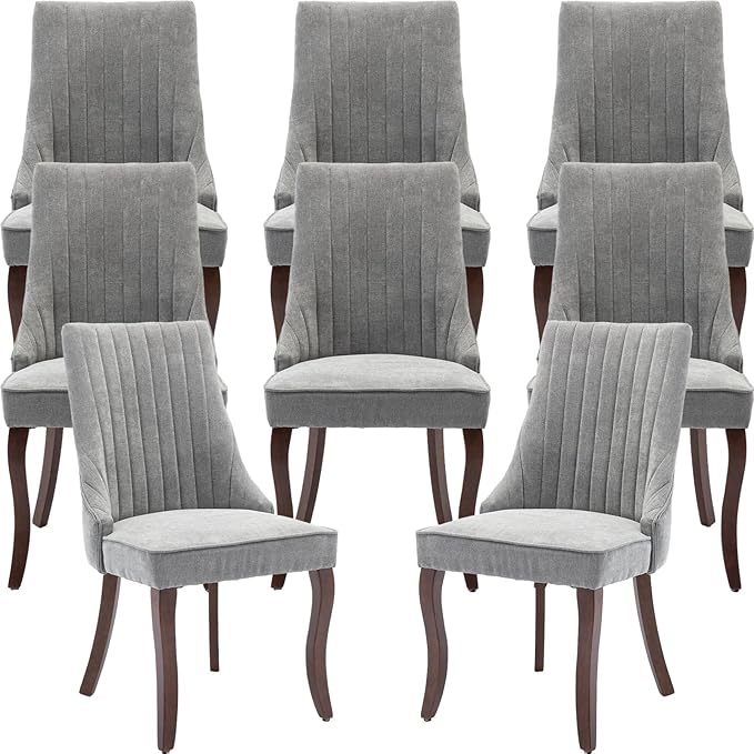 Gray Mid Century Dining Chairs Set of 8, Modern Kitchen & Dining Room Chairs Set of 8, Fabric Upholstered Kitchen Chairs, Sillas de Comedor, Wood Legs (Grey, 8 Pcs)
