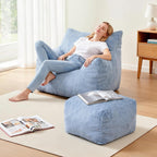 INMOZATA Bean Bag Chair with Ottoman, Cloud Boneless Couch - Oversized Memory Foam Beanbag Set for Adults & Teens, 3FT Plush Corduroy Comfy Lounge Sofa for Bedroom, Dorm & Reading Nook (Light Blue)