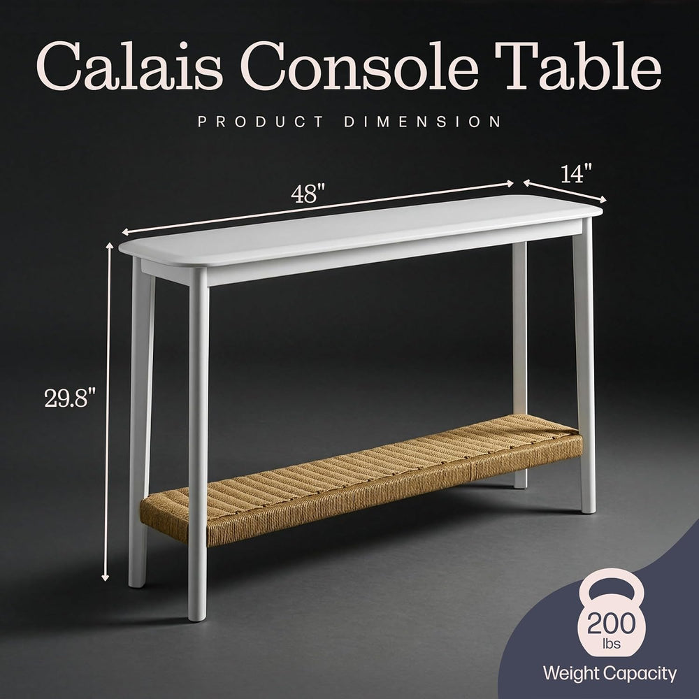 Calais Solid Wood Console Table with Woven Storage Shelf, White, 48 Inch | 2-...