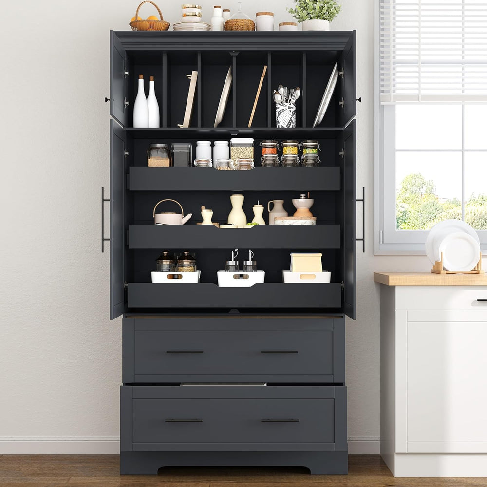 Farmhouse Pantry Cabinet, 72.6''H Freestanding Food Pantry with Pull-...