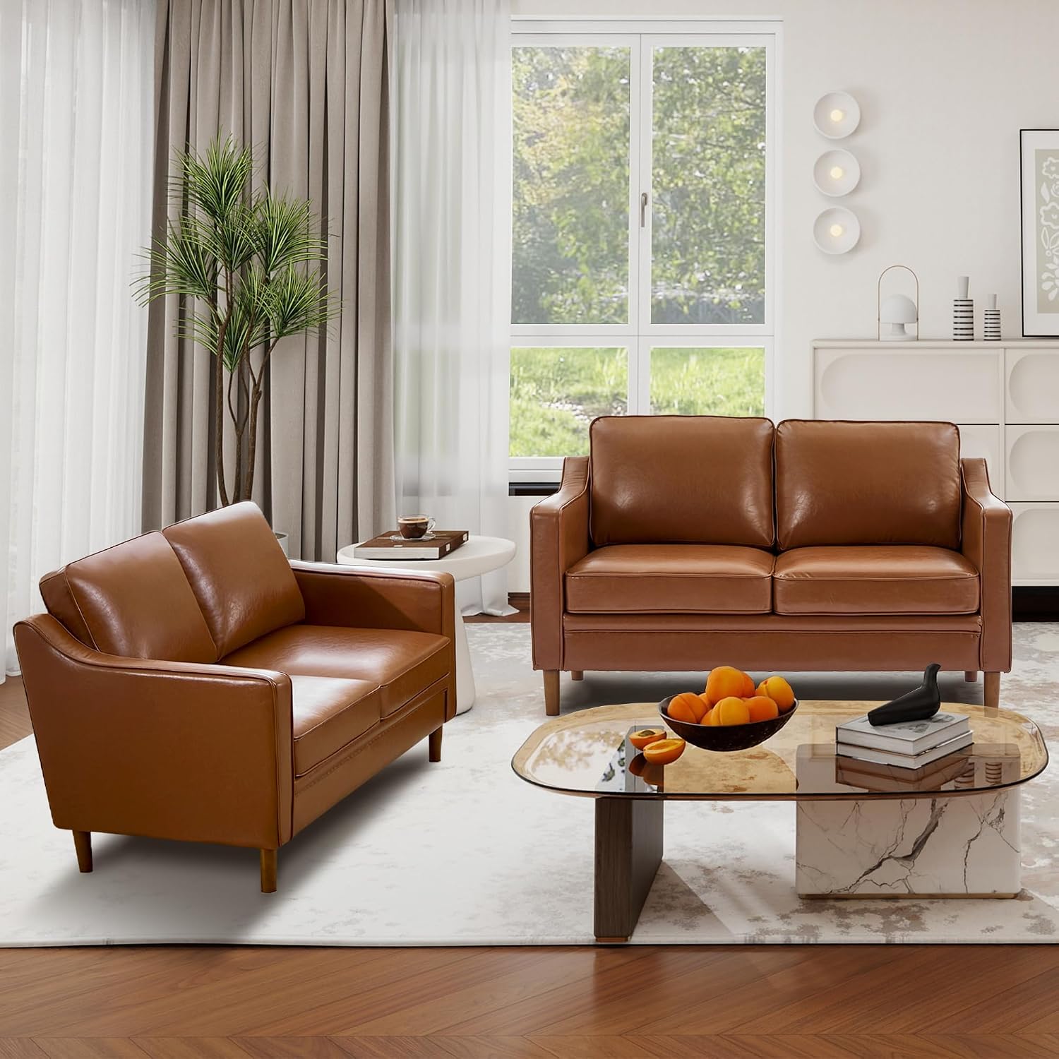 60" Faux Leather Sofa, Loveseat Couch, Mid Century Modern Love Seat Couches with Solid Wood Frame for Living Room Bedroom