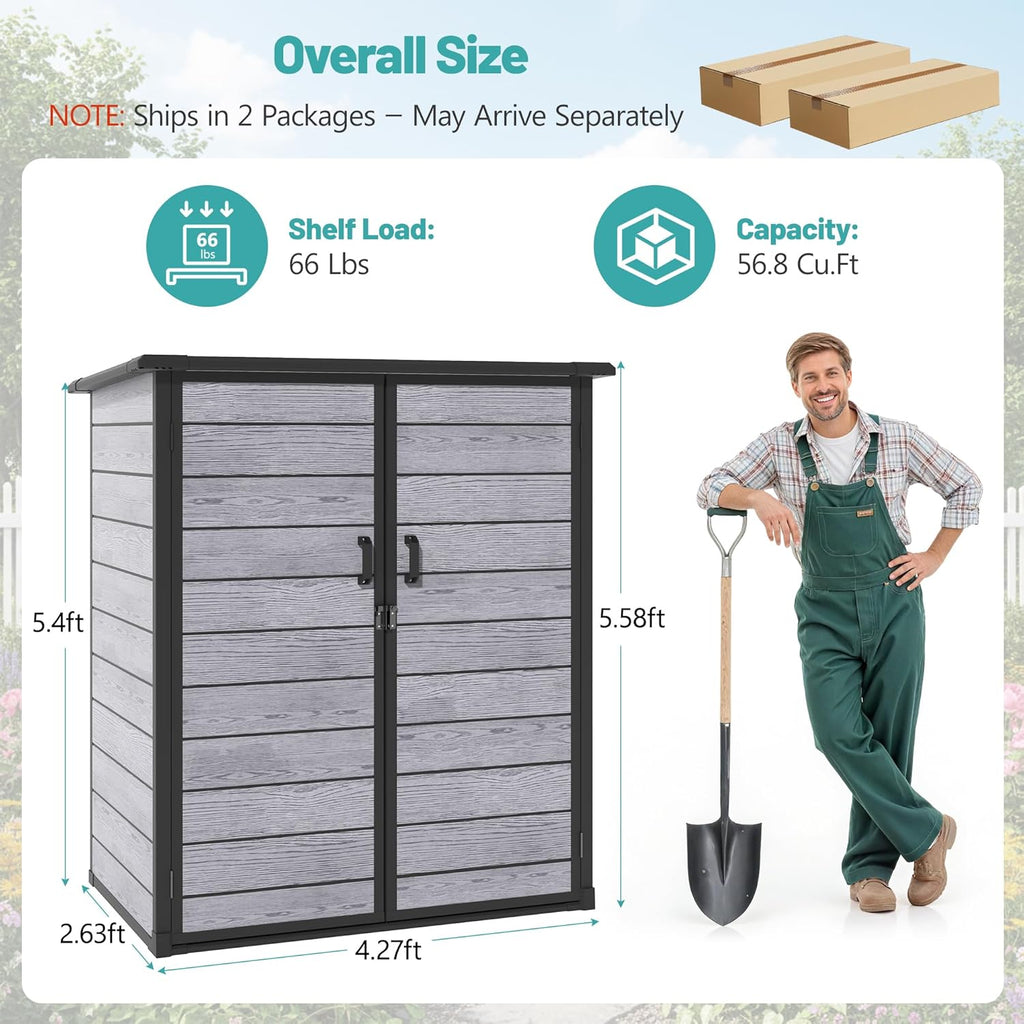 Outdoor Storage Shed, 56.8 Cu.Ft Resin Shed, 4.6 x 5.6 FT Waterproof Garden Tool Shed with Double Doors & Adjustable Shelves, Backyard Storage Cabinet for Tools, Bikes & Patio Furniture (Darkgray)
