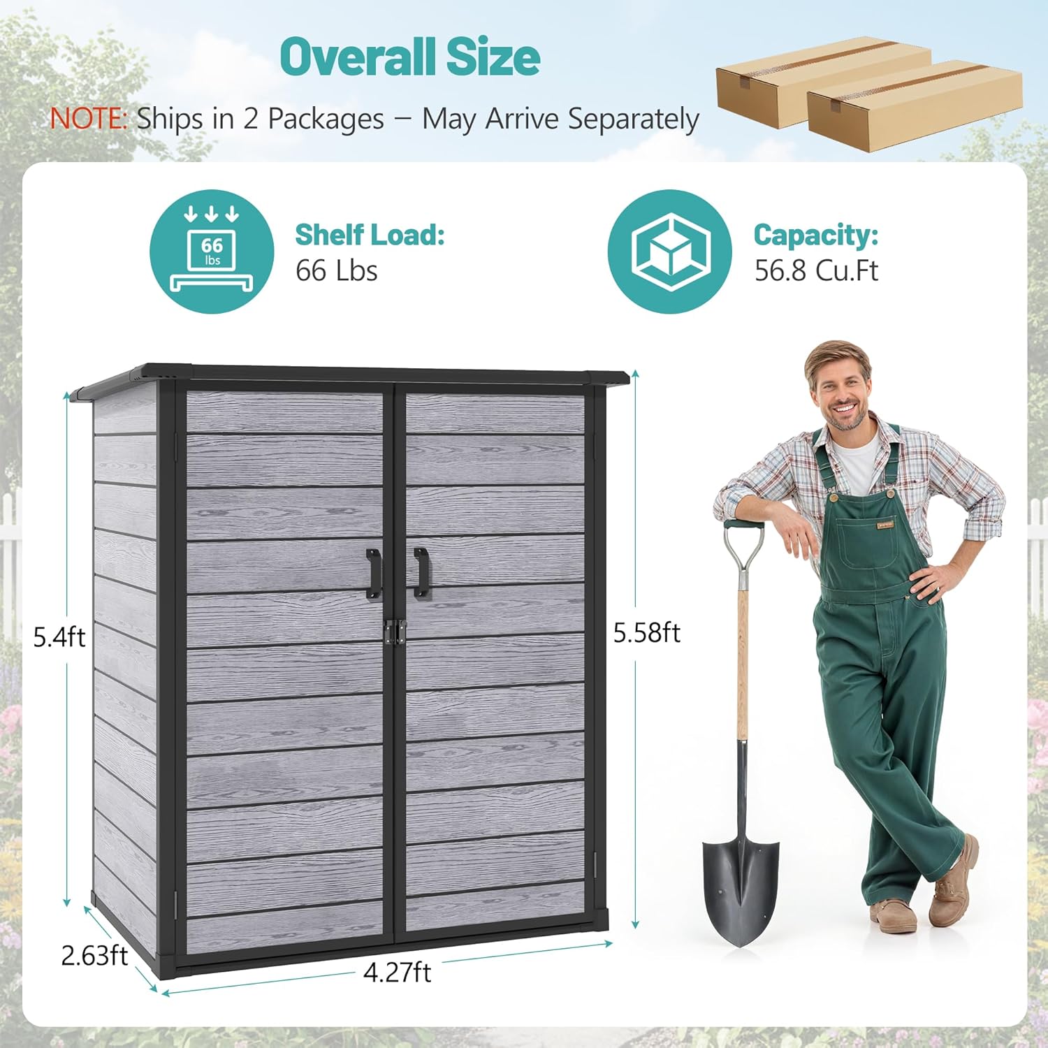 Outdoor Storage Shed, 56.8 Cu.Ft Resin Shed, 4.6 x 5.6 FT Waterproof Garden Tool Shed with Double Doors & Adjustable Shelves, Backyard Storage Cabinet for Tools, Bikes & Patio Furniture (Darkgray)