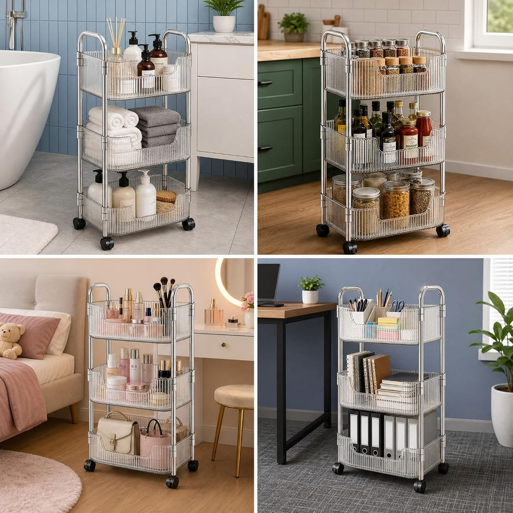 3 Tier Rolling Cart with Wheels, Clear Plastic Storage Cart with Stainless St...