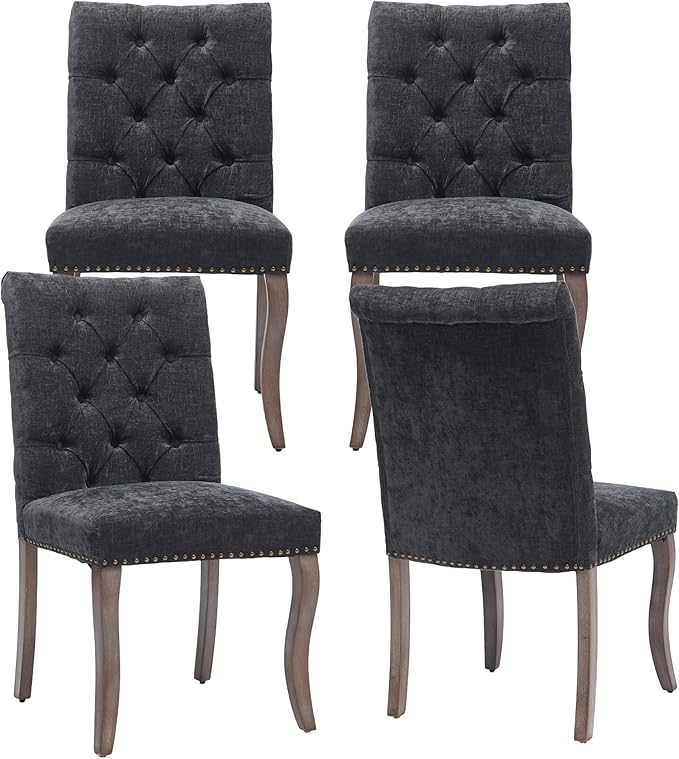 Upholstered Tufted Chenille Dining Side Chairs, Armless Nailhead Trim Chairs with Solid Wood Legs, Modern Farmhouse Chairs for Dining Room, Kitchen & Living Room (Set of 4, Charcoal Gray)