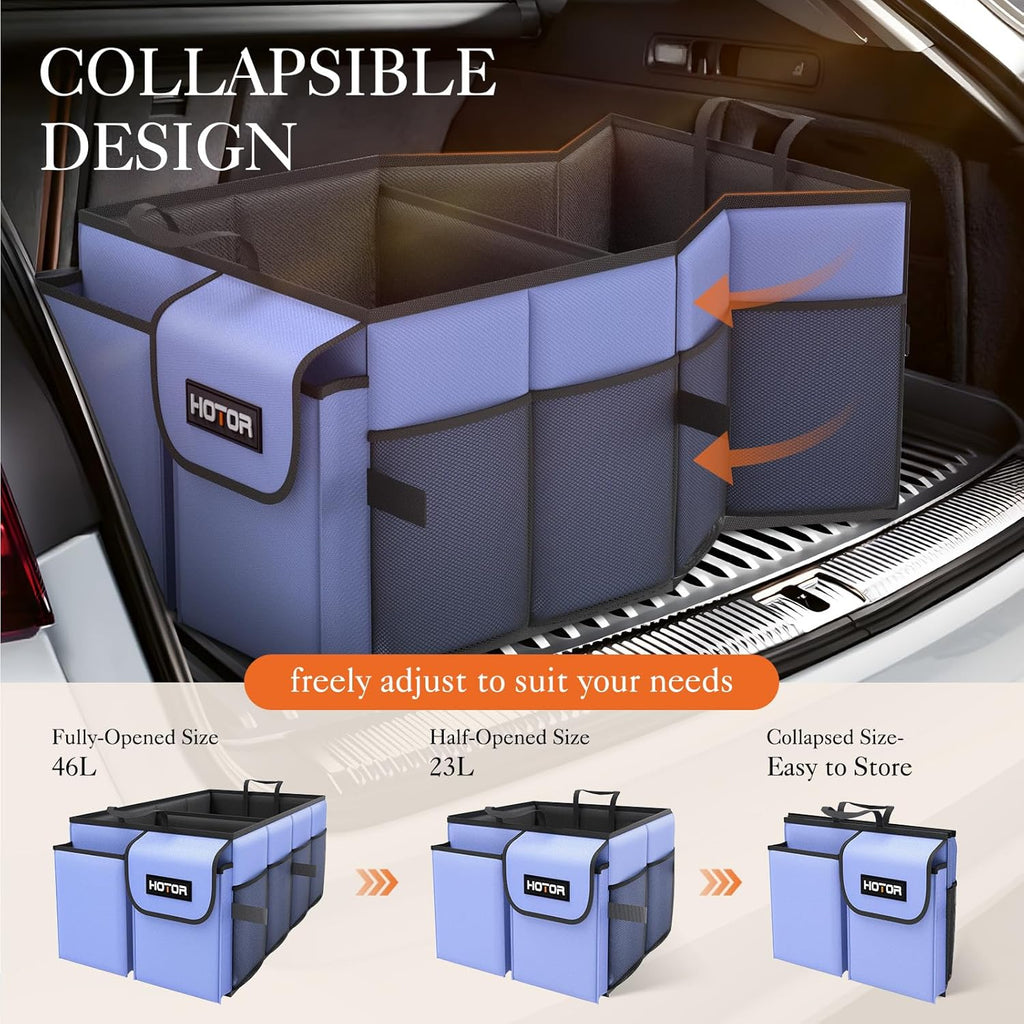HOTOR Large-Capacity Trunk Organizer - Foldable for SUVs & Sedans, Sturdy Organization for Car Accessories, Tools, Sundries, Blue, 2 Compartments, US11032