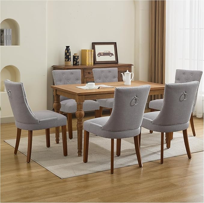 Modern Leisure Linen Dining Chairs Set of 4, Upholstered Dining Chair with Solid Wood Legs, Mid-Century Dining Room Chairs with Pull Ring and Tufted Backrest, Ight Grey