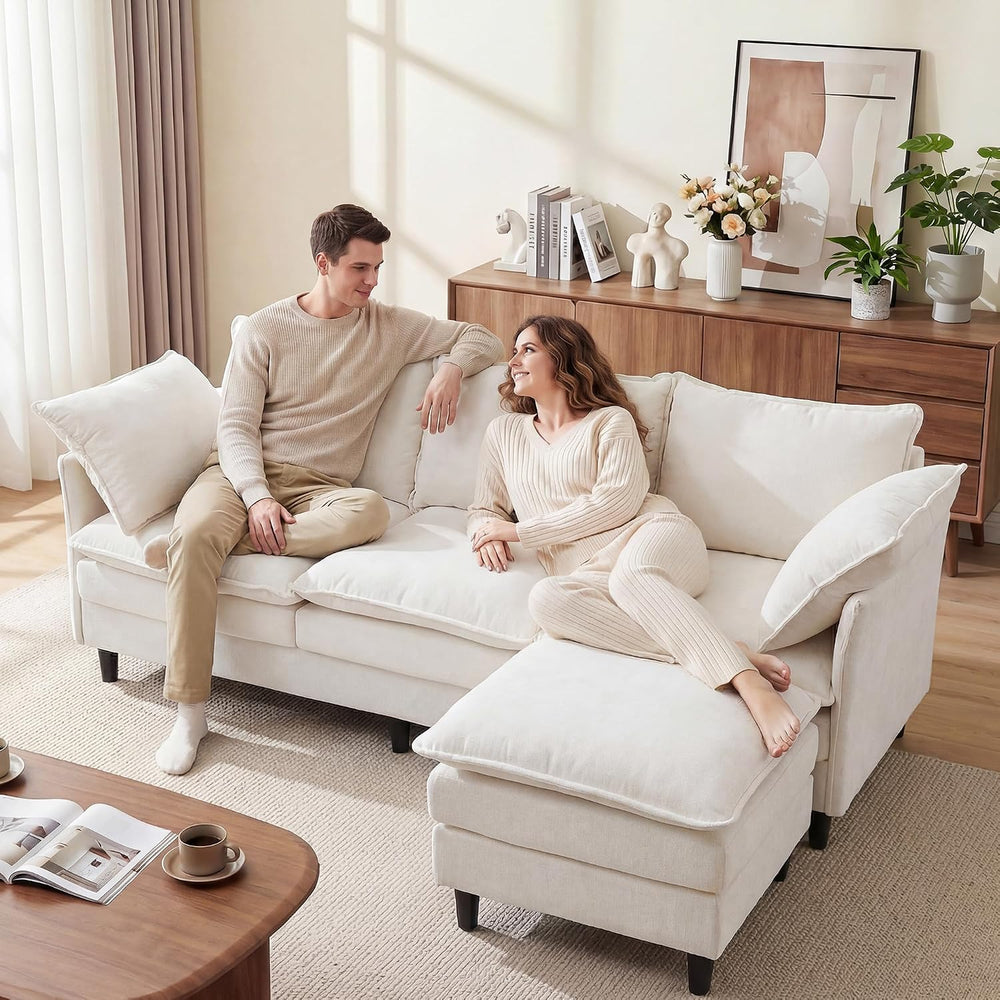 69" Couch Sofa L-Shape 3 Seat with Ottoman, Small Cloud Sofa Double-Laye...