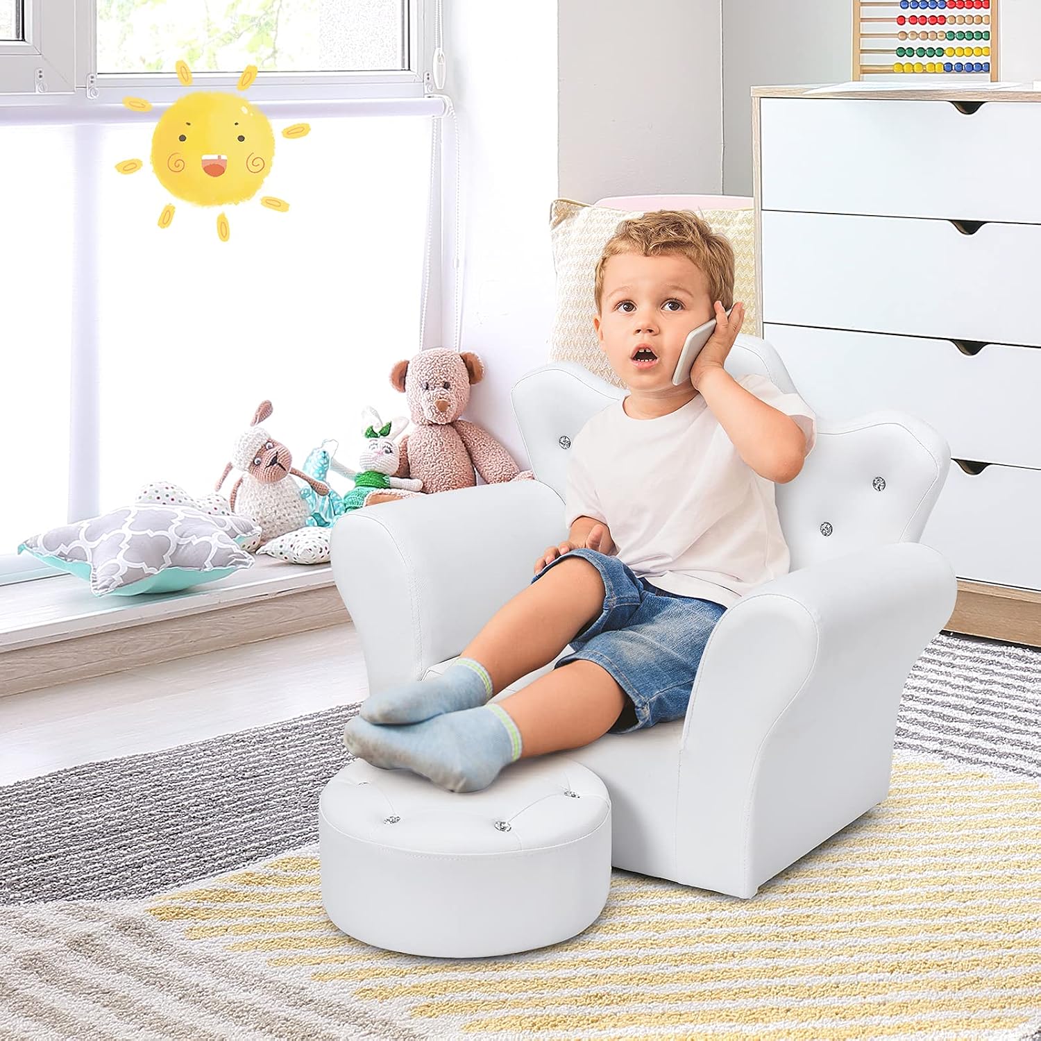 GLACER Kids Sofa with Ottoman, Kids White Couch with Embedded Crystal & PVC Leather, Upholstered Child’s Crown-Back Armchair, Baby Sofa Chair Seat Furniture, Princess Chair for Toddler Girls(White)