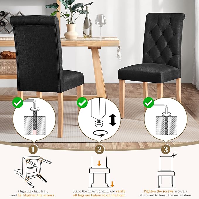Yaheetech Dining Chairs Set of 6 Fabric Upholstered Dining Room Chairs with Button Tufted High Back and Solid Wood Legs for Kitchen/Living Room/Restaurant, Modern Style, Black