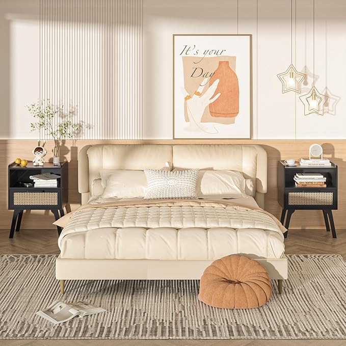 Lerliuo Rattan Nightstand, Bedside Table with Drawer Open Shelf, Cane Accent ...