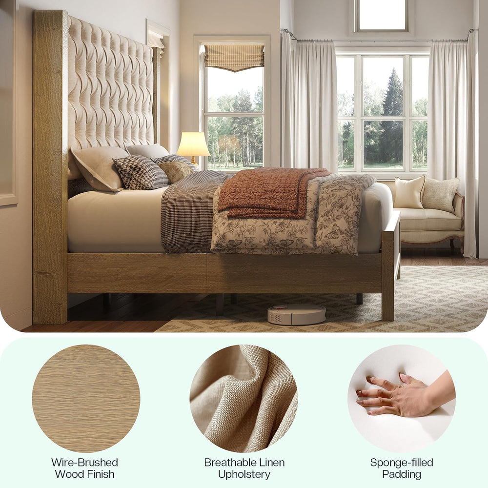 Jocisland Queen Size Solid Wood Bed Frame,57" Wingback Headboard,Gray Wash