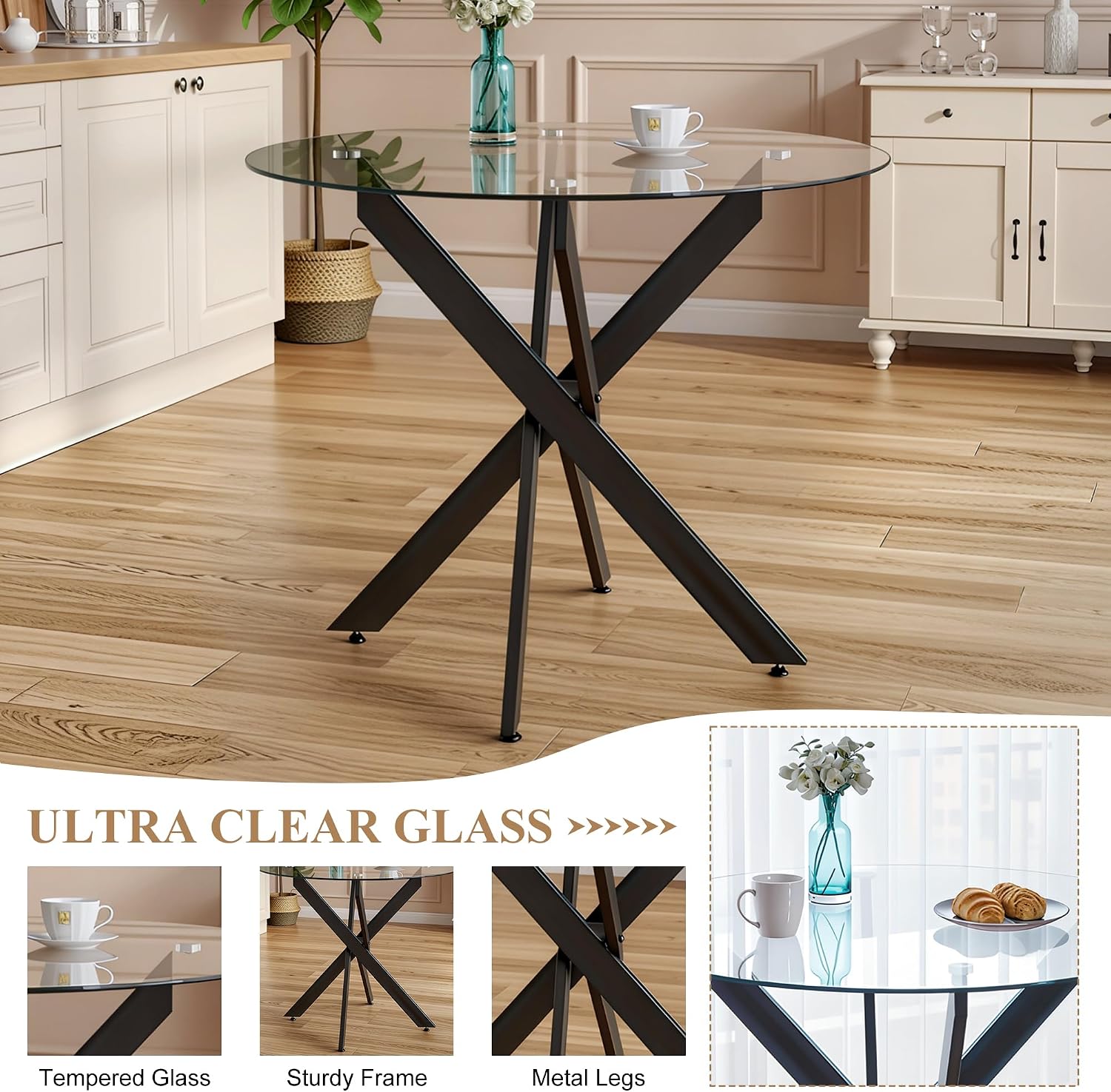 36” Round Glass Dining Table Set for 4, Space-Saving Clear Glass Kitchen Table with Black Metal X Legs and 4 PU Leather Dining Chairs with Silver Legs, Small Dining Set for Apartment & Bistro