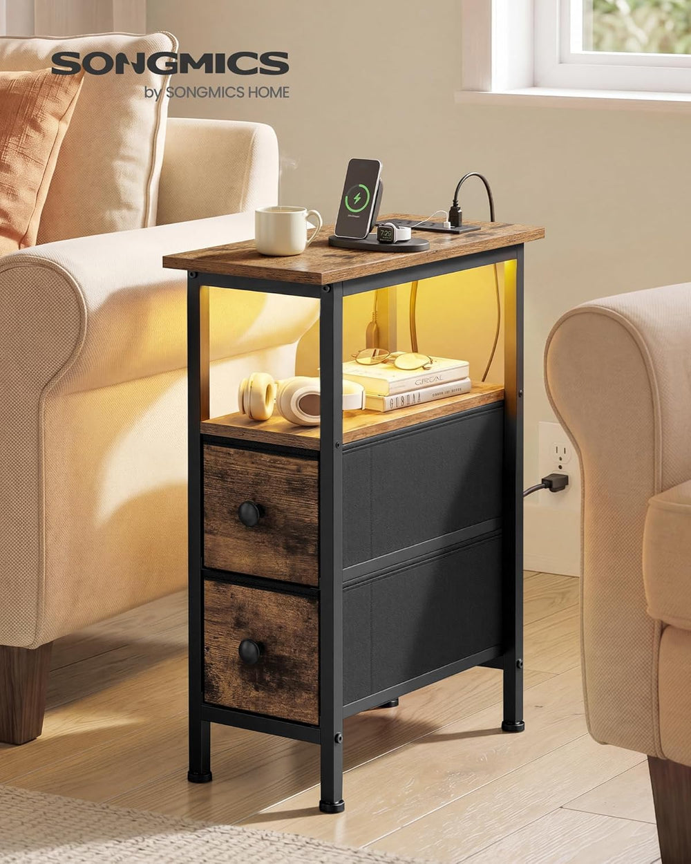 SONGMICS Side Table, Nightstand with Charging Station, End Table with LED Lig...