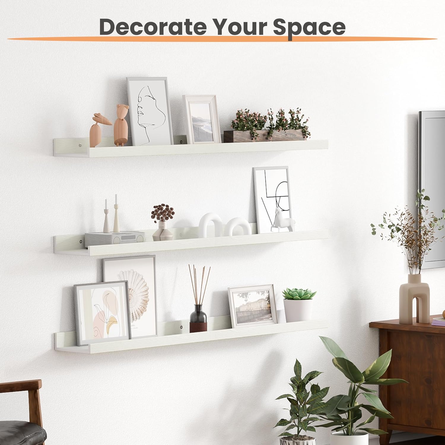 upsimples Floating Shelves for Wall, 35.5 Inch Shelves for Decor Storage Set of 6, Wall Mounted Wood Shelf for Bedroom, Living Room, Bathroom, Kitchen, Long Picture Ledge Shelves, White