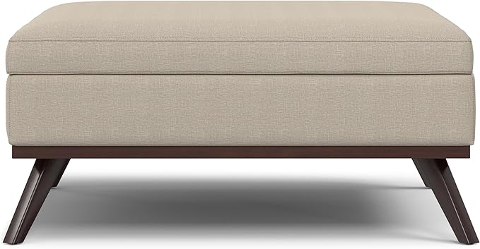 SIMPLIHOME Owen 40 inch Wide Mid Century Modern Square XL Coffee Table Storage Ottoman in Natural Polyester Fabric, Assembled, for The Living Room, Entryway and Family Room