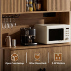 Lulive Kitchen Pantry Cabinet with Charging Station, Walnut | Rolling & Sliding Doors, Adjustable Shelves, Open Countertop, Wine Glass Rack, Modern Storage Cabinet for Dining Room