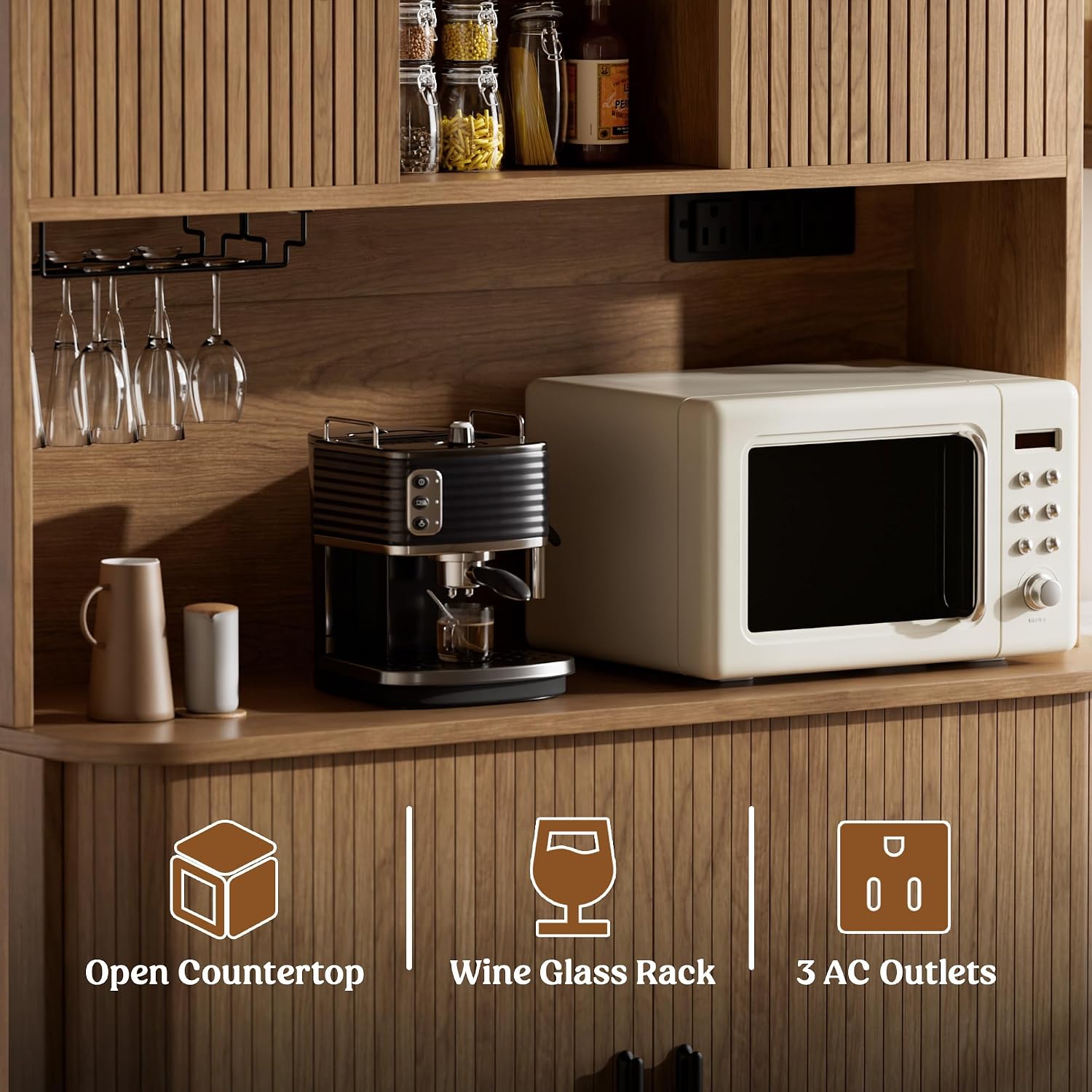Lulive Kitchen Pantry Cabinet with Charging Station, Walnut | Rolling & Sliding Doors, Adjustable Shelves, Open Countertop, Wine Glass Rack, Modern Storage Cabinet for Dining Room