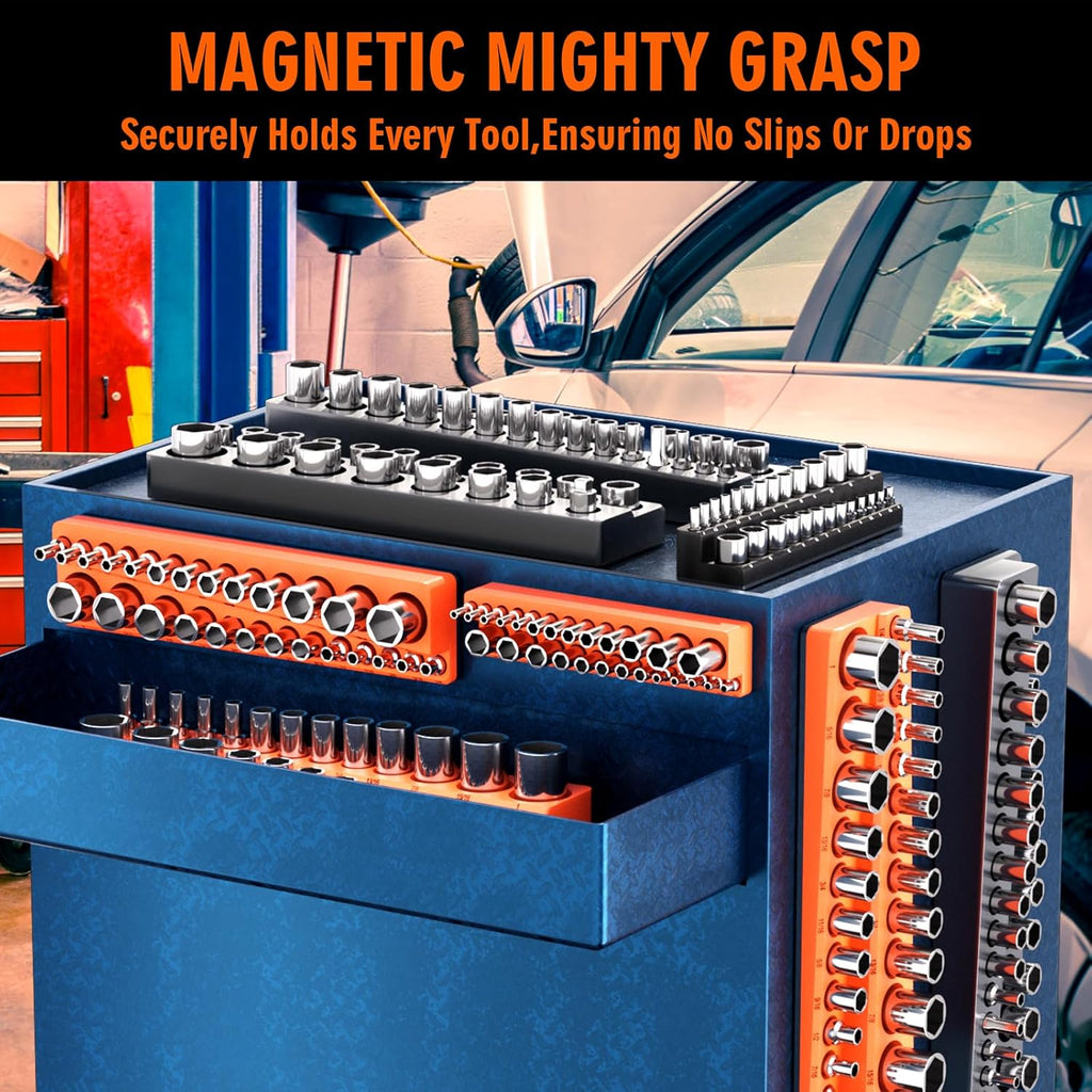 Magnetic Socket Organizer Holder Set – 8-Piece Tool Organizers Including 1/4", 3/8" and 1/2" Drive Socket Holder Metric & SAE 207 Pieces Socket Trays (Sockets are not Included)