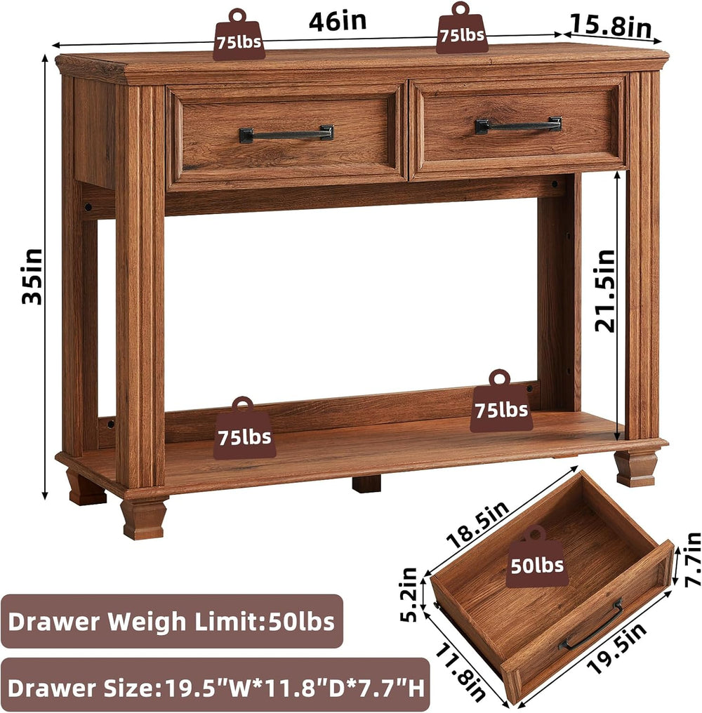 SAVOR LIFE 46" Farmhouse Console Table with Drawers, Brown Entryway Tabl...