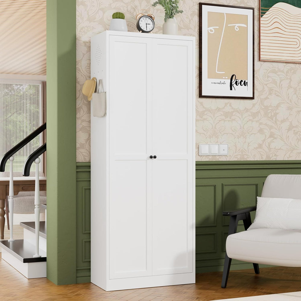 72" White Metal Kitchen Pantry Cabinet with Doors & 5 Adjustable She...