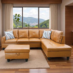 Sectional Couches for Living Room with Movable Chaise & Storage Ottoman - 97.5" Leather L Shaped Couches for Living Room Apartment, 4 Seat Home Furniture Modular Sectional Sofas, Orange