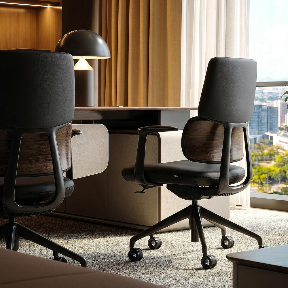 TOMU Genuine Leather Office Desk Chair, Ergonomic Leather Office Chair Mid Ba...