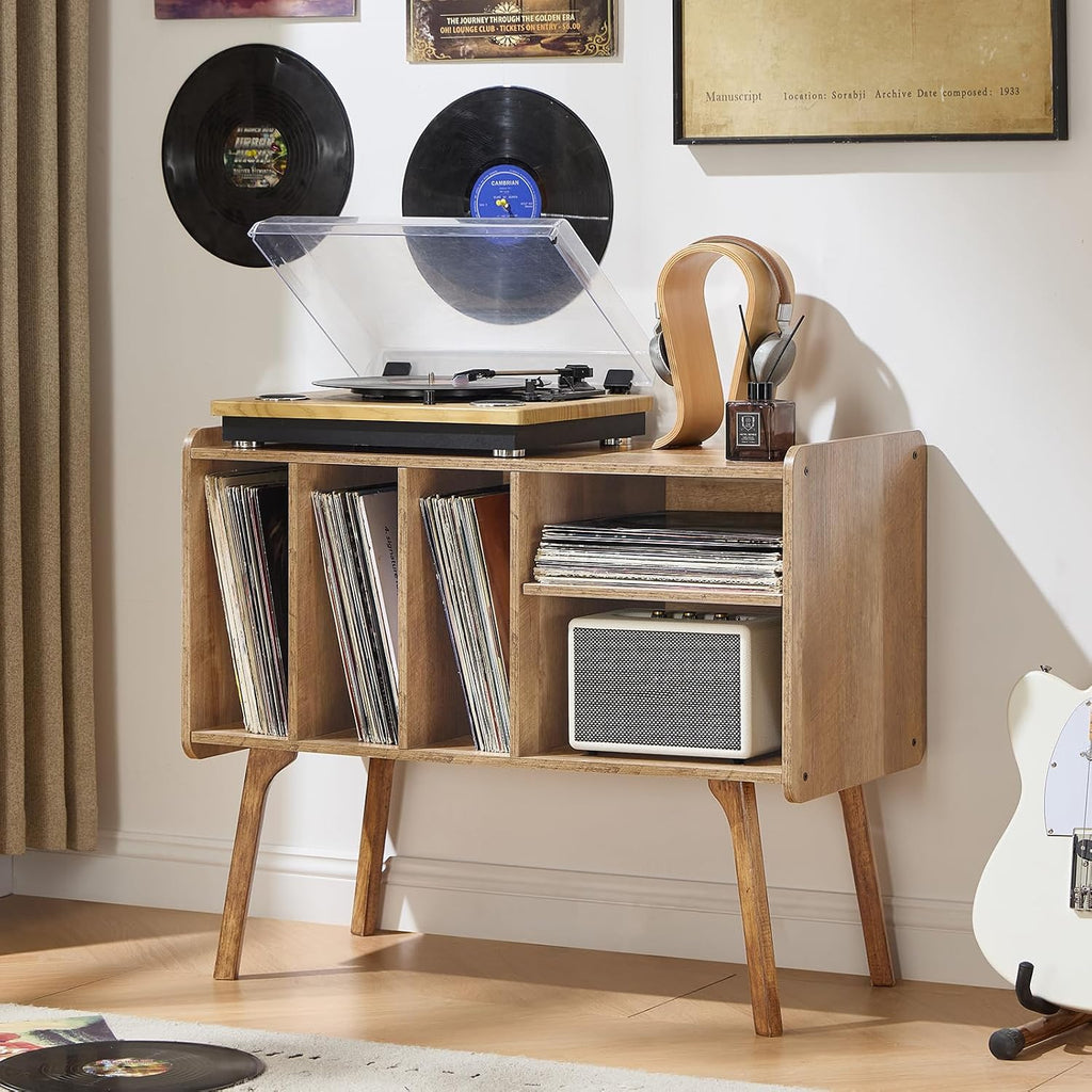 Lerliuo Record Player Stand with 4 Cabinet Holds Up to 220 Albums,Oak | Large Turntable Stand with Wood Legs, Mid-Century Record Player Table,Vinyl Holder Storage for Bedroom Living Room