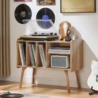 Lerliuo Record Player Stand with 4 Cabinet Holds Up to 220 Albums,Oak | Large Turntable Stand with Wood Legs, Mid-Century Record Player Table,Vinyl Holder Storage for Bedroom Living Room