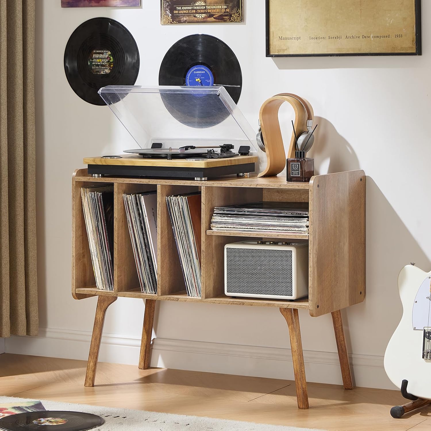 Lerliuo Record Player Stand with 4 Cabinet Holds Up to 220 Albums,Oak | Large Turntable Stand with Wood Legs, Mid-Century Record Player Table,Vinyl Holder Storage for Bedroom Living Room