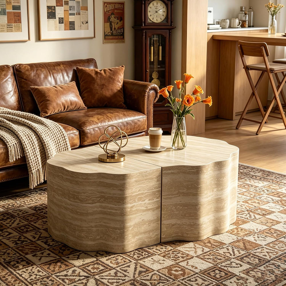 Round Nesting Coffee Table Set of 2, Wood Nesting Side End Tables | Pre-assem...