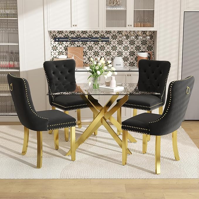 51 Inch Glass Dining Table Set for 4, Rectangular Glass Kitchen Table with 4 Upholstered Velvet Accent Chairs, 5 Piece Modern Dining Room Set, for Home, Apartment, Small Spaces - Black Gold