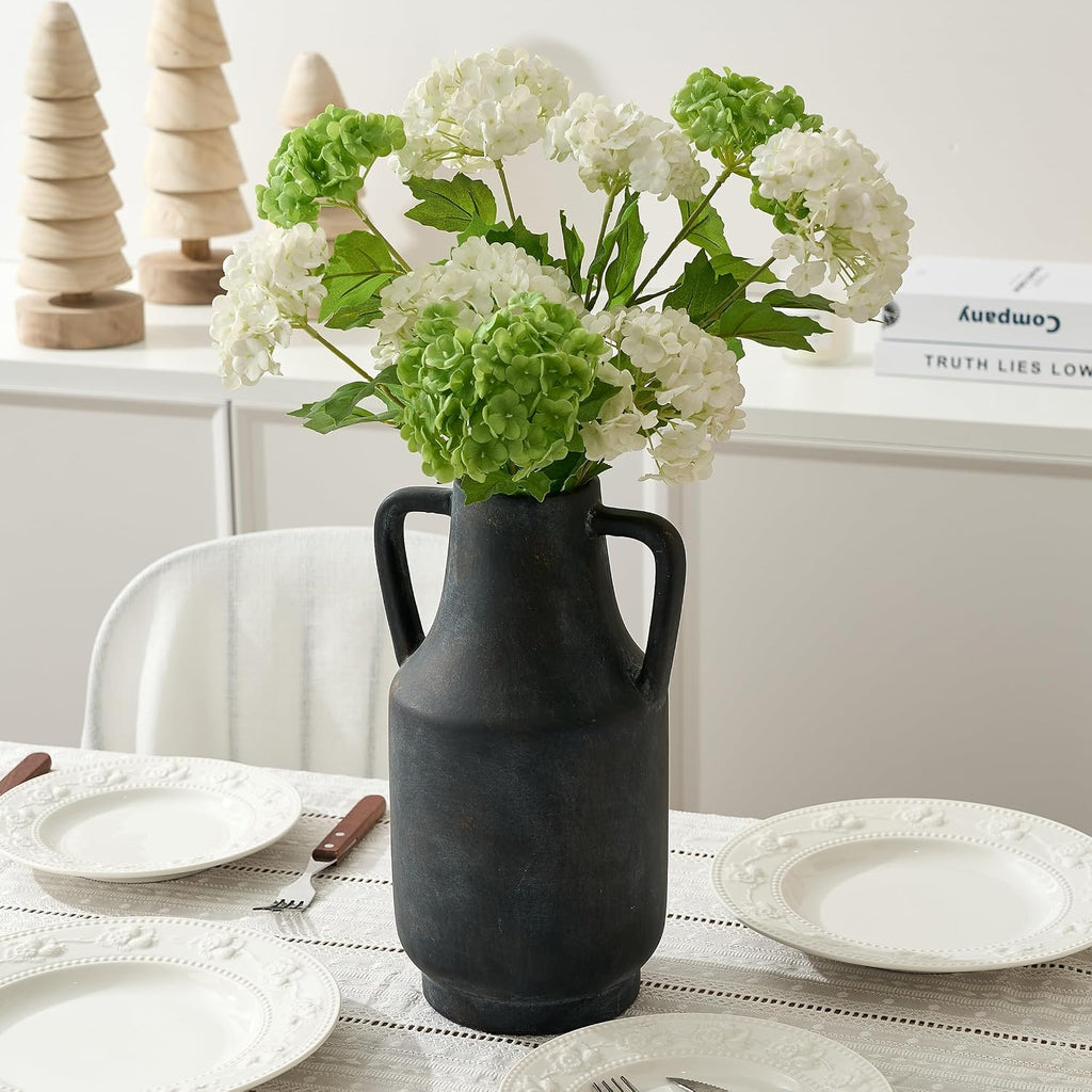 SIDUCAL Ceramic Rustic Flower Vase with Handles | 12 inch Tall Vase for Farmhouse Home Table Centerpieces, Large Decorative Terracotta Vases for Home Decor, Living Room,Shelf Decor, Black Bronze