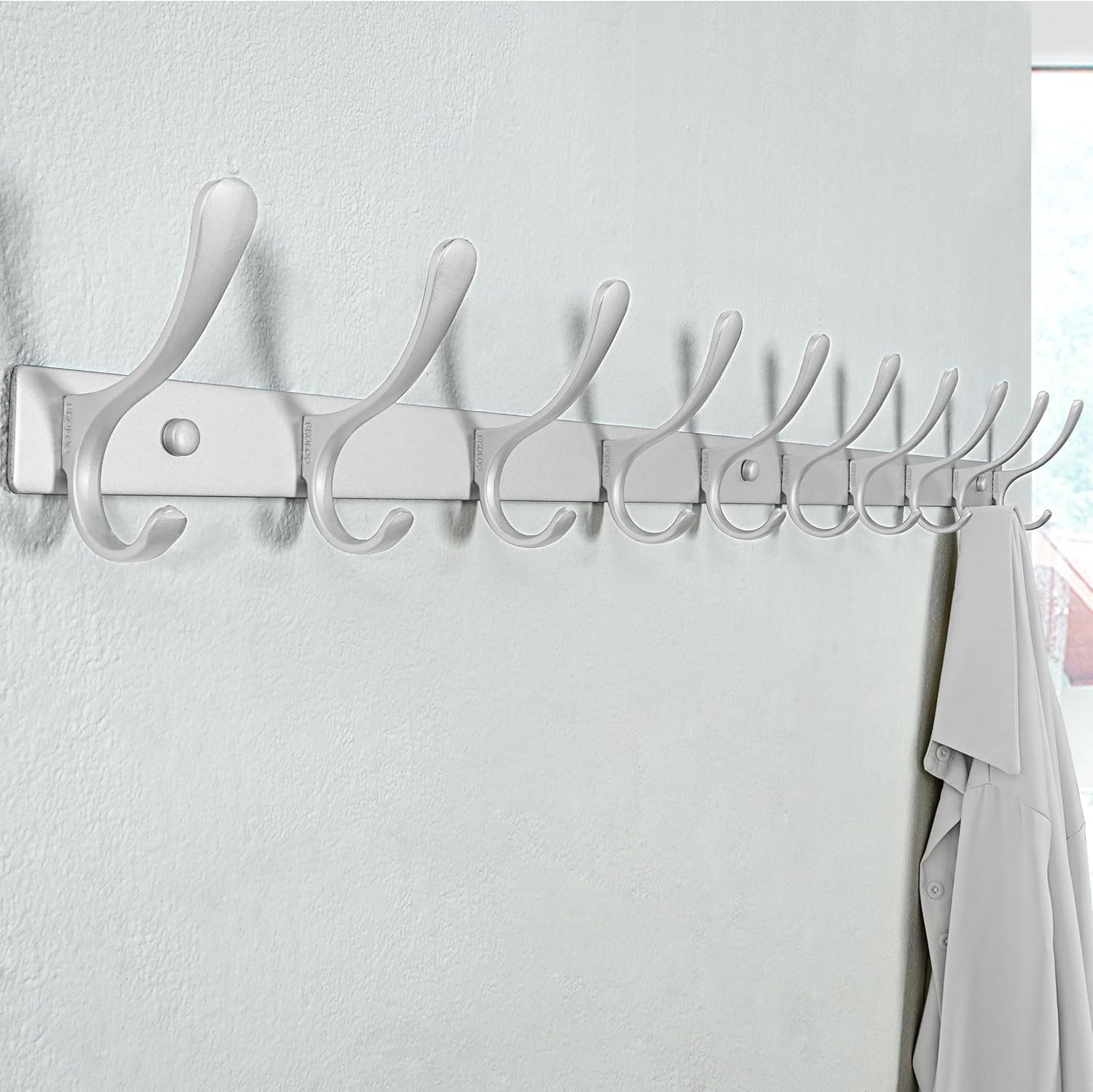 SKOLOO Coat Rack Wall Mounted - 10 Hooks, Heavy Duty, Stainless Steel, Metal Wall Hanger, Sturdy Coat Hooks for Hanging Coats, Jacket, Clothes, Hat, Cold Light Silver