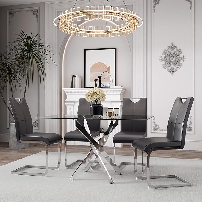 5 Piece Dining Table Table Set, Modern Tempered Glass Dining Table Set for 4 Kitchen Table Set with 4 Upholstered Chairs for Kitchen Dining Room (Sliver Table with Grey Hoop Leg Chairs)