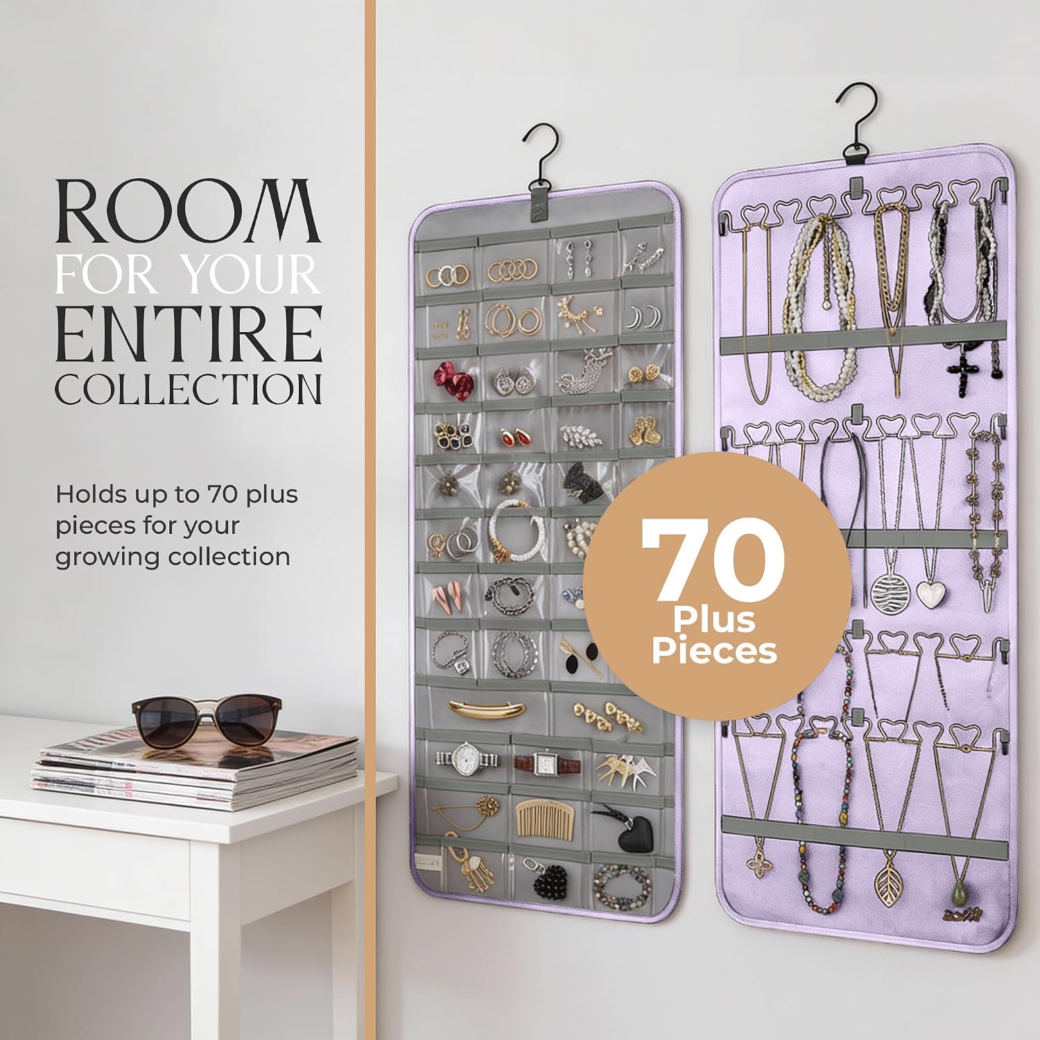 Hanging Jewelry Organizer Storage with Hanger Metal Hooks Double-Sided Jewelry Holder- Wall Mount Holder for Earrings, Necklaces, Rings on Closet, Wall, Door, 1 piece, Large, Pink