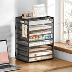 SUBEKYU 9 Tier Paper Organizer for Desk - Black Metal Mesh Letter Tray File Paper Sorter Organizer Include 6 Pcs Adjustable Height Slid Tray with Handles for Office School Home Organization Storage