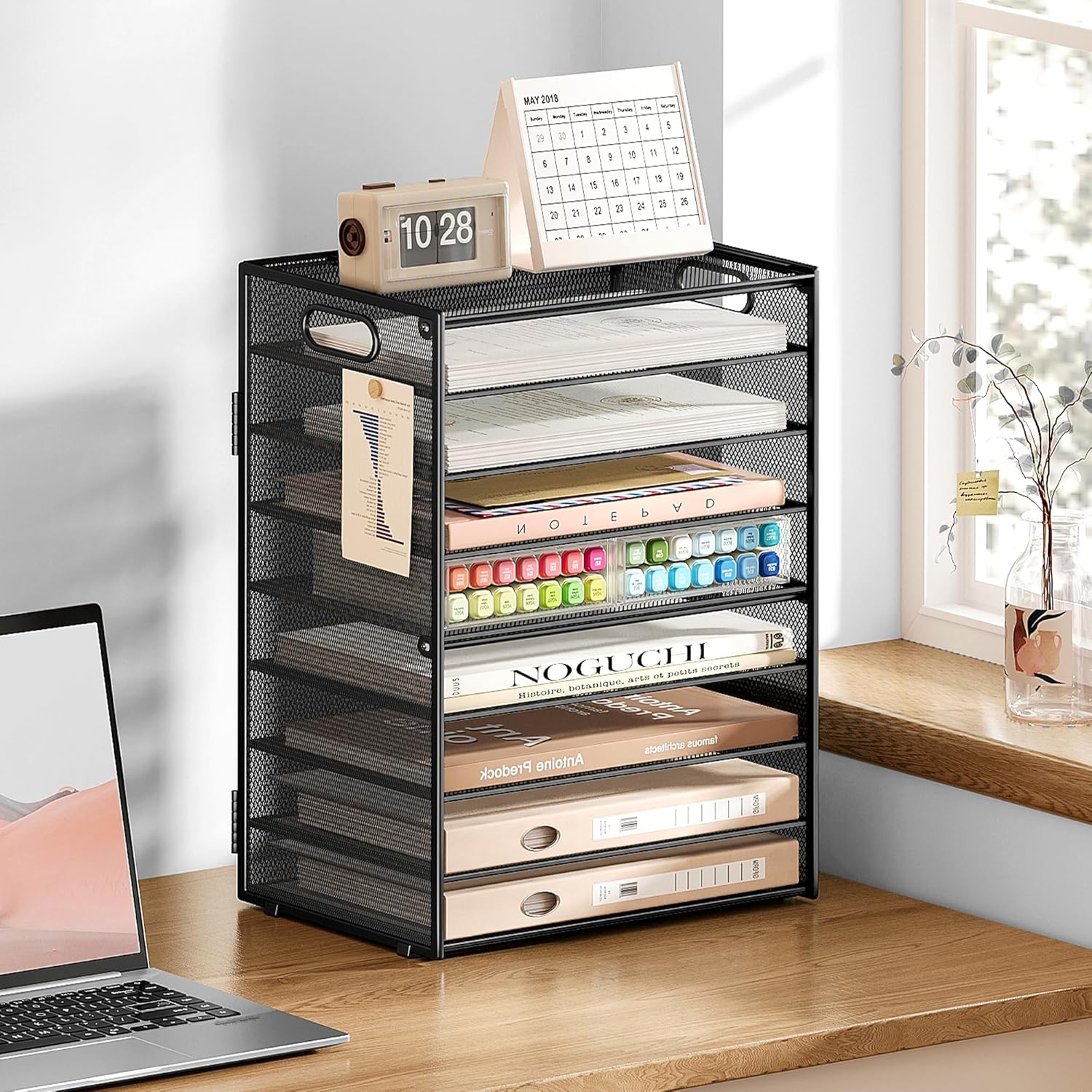 SUBEKYU 9 Tier Paper Organizer for Desk - Black Metal Mesh Letter Tray File Paper Sorter Organizer Include 6 Pcs Adjustable Height Slid Tray with Handles for Office School Home Organization Storage