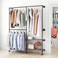 Industrial Pipe Clothes Racks with Black Shelves, Industrial Pipe Black Clothing Rack with Double Hanging Rods, Heavy Duty Wall Mounted Clothing Rack Rod for Closet Storage, Bedroom