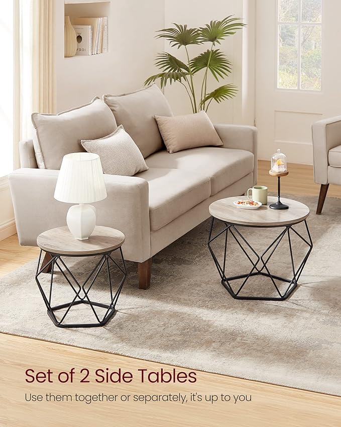 VASAGLE Small Coffee Table Set of 2, Round Coffee Table with Steel Frame, Sid...